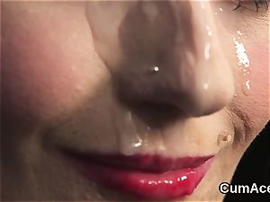 Spicy beauty gets cum shot on her face gulping all the charge