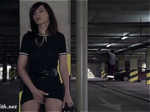Jeny Smith uncovering her perfect bod in a parking garage